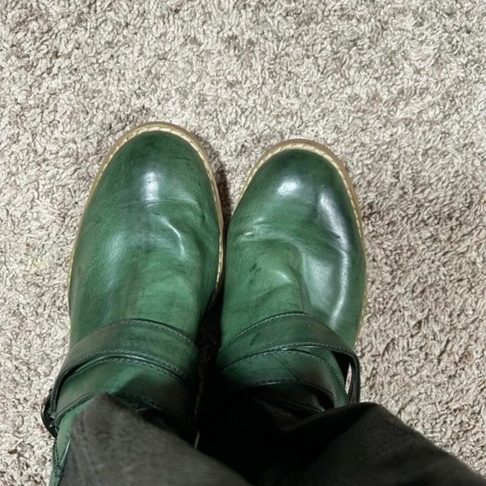 Vintage Y2K Women's Green Leather Buckle Strappy Heeled Ankle Boots Size 8 Funky